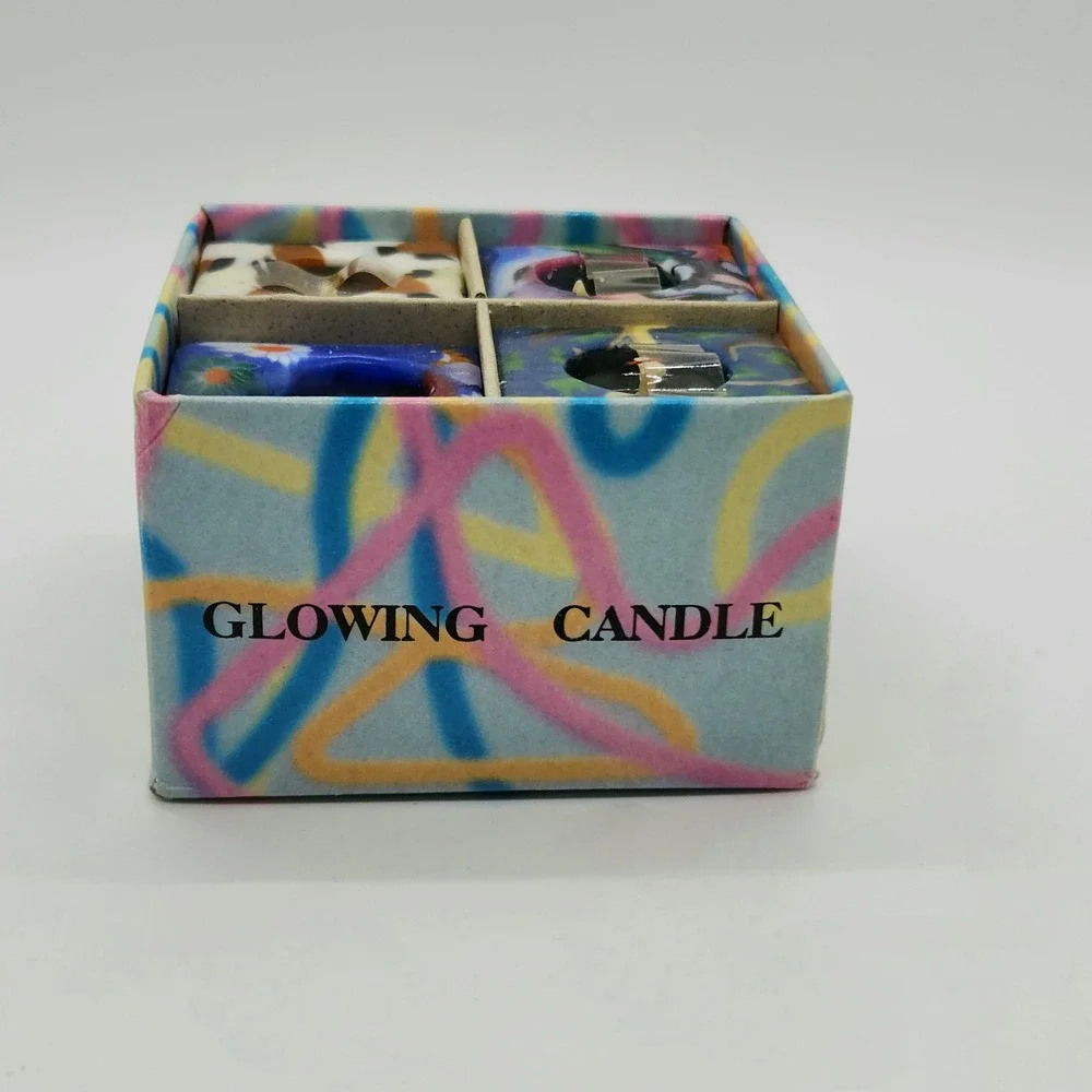 Vintage Glowing Candle Set 4pc Handmade Multi Color Abstract Floral Votive Box